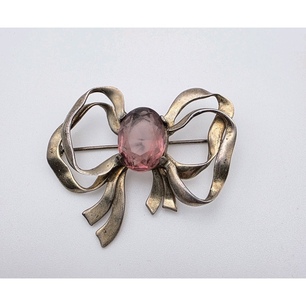 100 Yr Old Antique‎ 1930 Brooch Pin Large Sterling Silver Bow Pink Glass Crystal